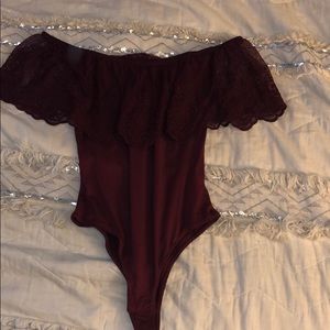 Red lace off the shoulder bodysuit